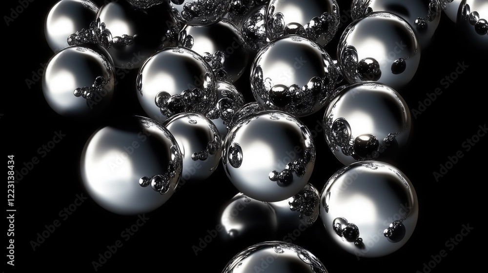 Poster a cluster of shiny, metallic silver spheres with reflective surfaces and small bubble - like indenta