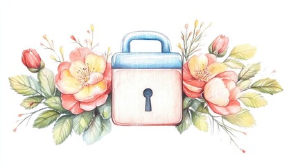 A beautifully illustrated padlock surrounded by vibrant roses and delicate foliage, symbolizing security