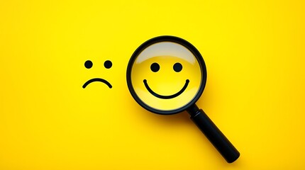 Searching for Positivity – Customer Service Satisfaction Feedback Concept with Magnifying Glass Over Smiley Face