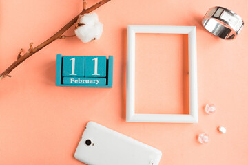 February 11. Blue cube calendar with month and date and mockup photo frame on pink pastel...