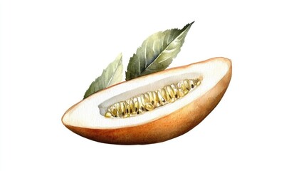Freshly sliced cantaloupe with seeds and green leaves on a white background, ideal for food-related content