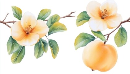 Beautiful illustration of peach blossoms and fruit on branches with green leaves, ideal for botanical designs