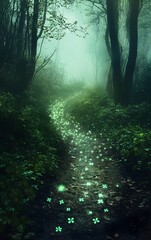 Fototapeta premium A serene, misty forest on St. Patrick's Day, with tiny glowing shamrocks floating in the air, casting an enchanting green glow over the path