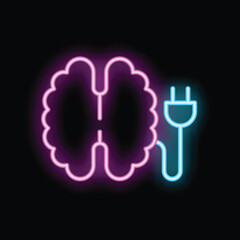 Neon brain is being connected to a power supply, illustrating the concept of brainstorming