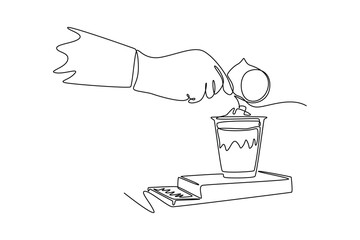 Barista making coffee concept. Single line draw design vector graphic illustration.