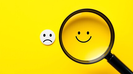 Searching for Positivity – Customer Service Satisfaction Feedback Concept with Magnifying Glass Over Smiley Face