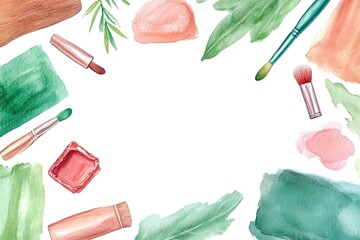 Artistic arrangement of cosmetics and natural elements on a white background for beauty promotion