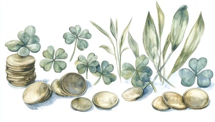Watercolor illustration of clovers and golden coins, symbolizing luck and prosperity in nature