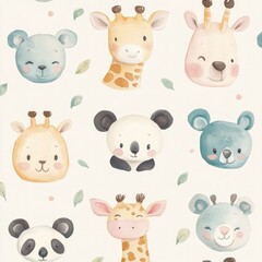 Cute animal faces pattern; nursery decor