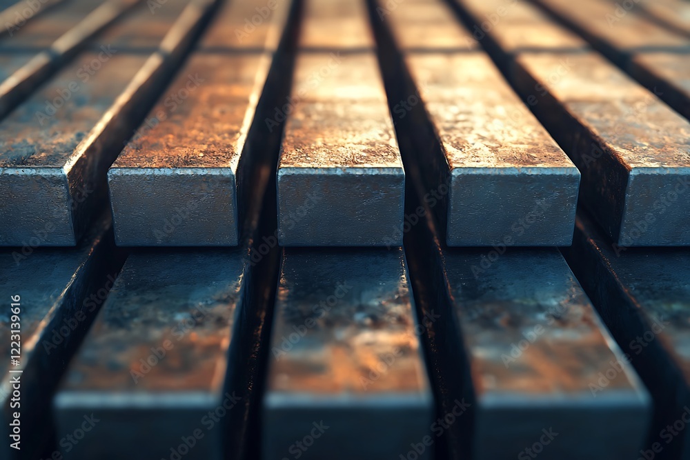 Poster a close-up view of metallic bars arranged in parallel, showcasing their textured surfaces and reflec
