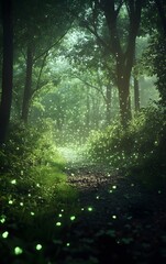 Fototapeta premium A serene, misty forest on St. Patrick's Day, with tiny glowing shamrocks floating in the air, casting an enchanting green glow over the path