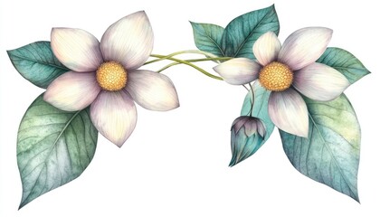 Elegant floral arrangement featuring soft pastel flowers and lush green leaves on a white background