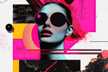 Bold portrait of woman with striking sunglasses, surrounded by v