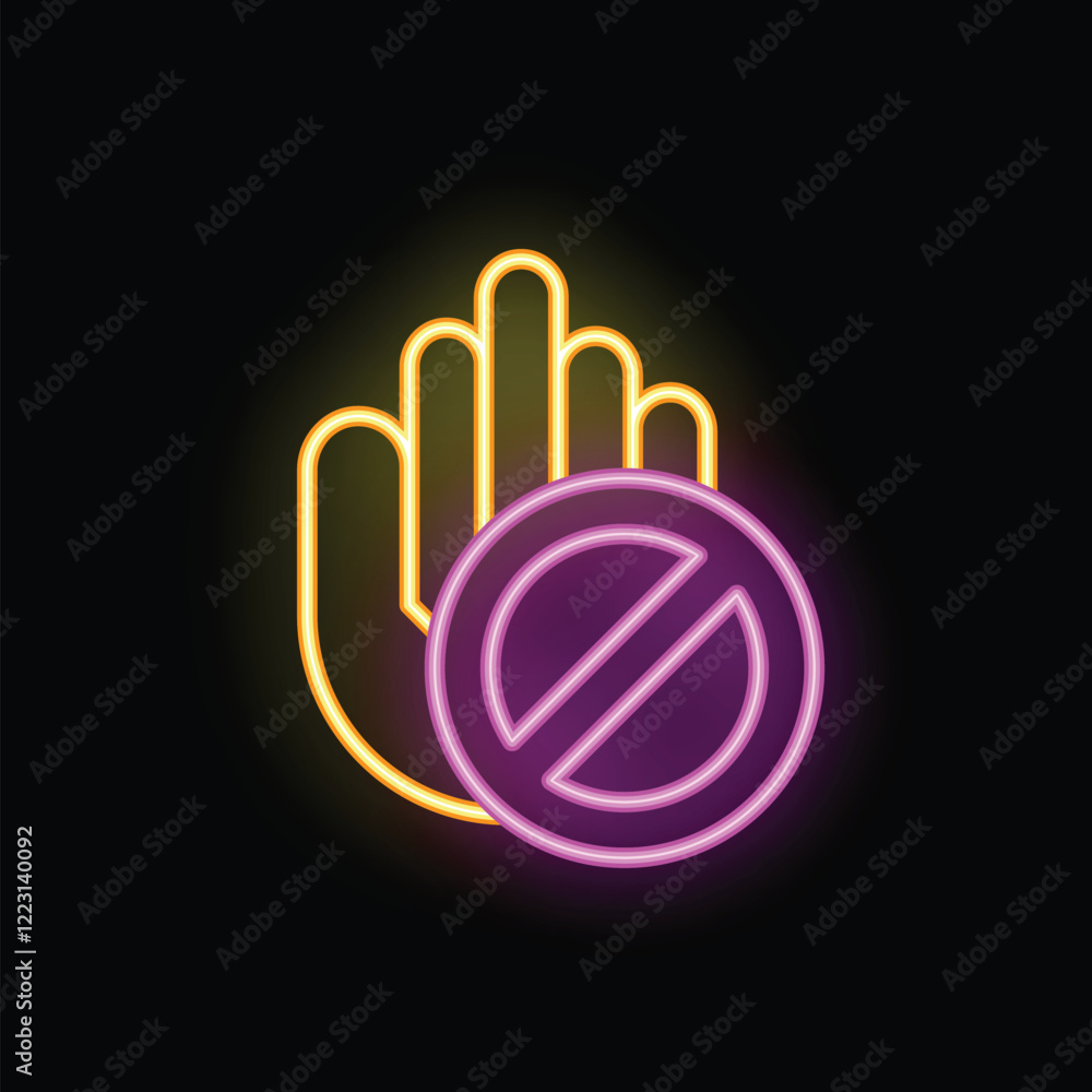 Poster neon stop sign is showing refusal gesture with open palm on a black background
