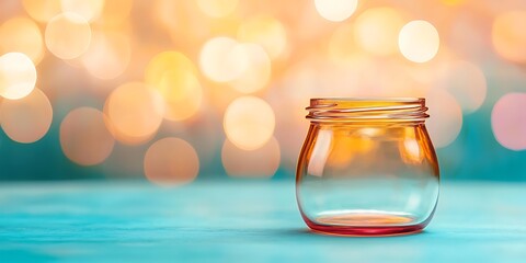 A clear glass jar sits on a surface, illuminated by blurred glowing lights in the background, creating a warm, inviting atmosphere.