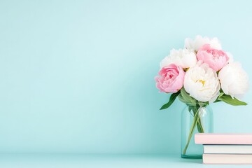 A serene arrangement of pink and white peonies in a glass vase on a soft blue background