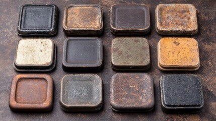 Fototapeta premium Collection of Vintage Rusty Metal Square Boxes Antique Containers Grunge Texture Background