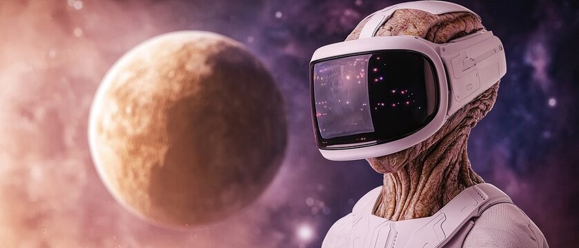 A futuristic alien wearing a VR headset stands against a cosmic backdrop, featuring a distant planet and vibrant space scenery.