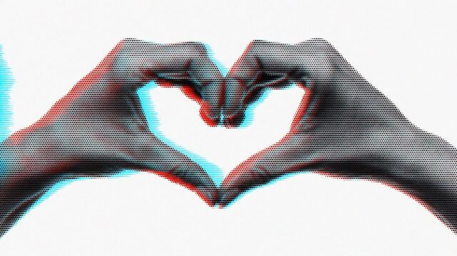 Hands making a heart sign grunge halftone collage glitch element.