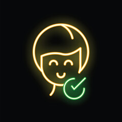 Yellow neon style icon of a happy person with a green check mark, great for satisfaction surveys