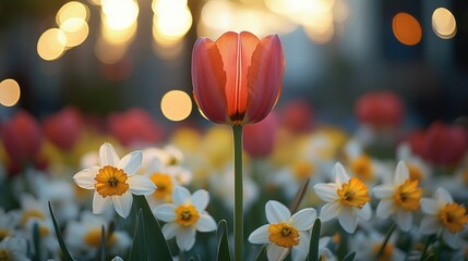 Vibrant tulip stands tall among blooming daffodils in a colorful garden at sunset