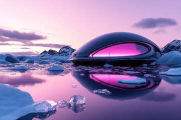 Futuristic structure floats on tranquil water, reflecting vibran