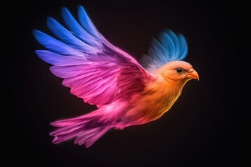Obraz premium A vibrant, colorful bird in mid-flight, showcasing striking shades of pink and blue against a dark background.