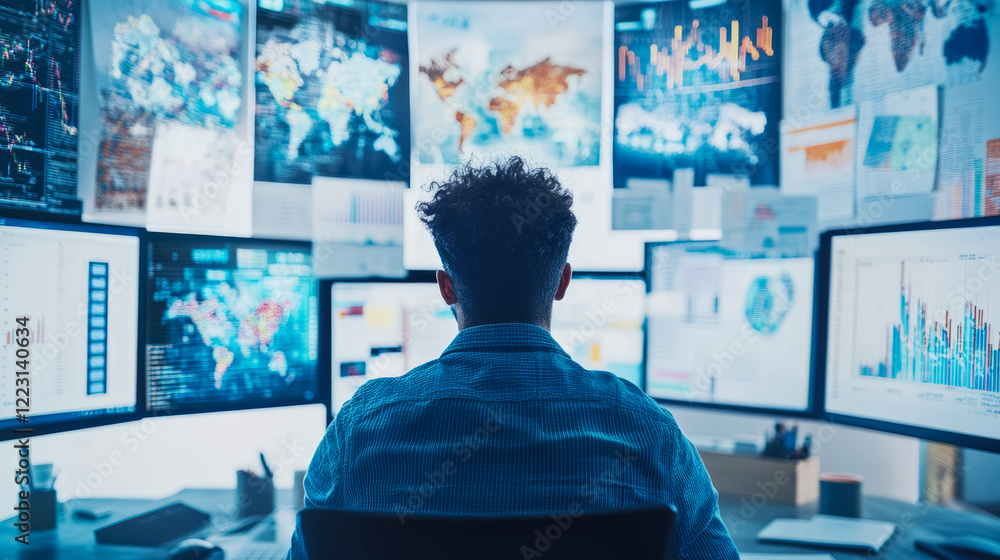 Poster analyst reviewing global data on multiple screens: a deep dive into market trends