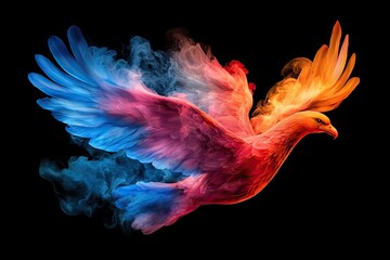 Obraz premium A vibrant, colorful bird with fiery wings soars through a dark background, evoking a sense of freedom and power.