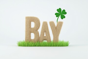 Decorative grass-textured letters spelling 'BAY' with a clover accent, set against a clean background