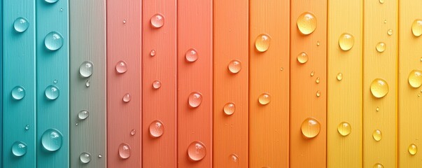 A vibrant, multicolored wooden surface with water droplets, creating a fresh and lively aesthetic.