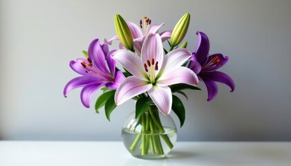 Obraz premium Purple violet and white lily arrangement in a elegant vase, centerpiece, blooms
