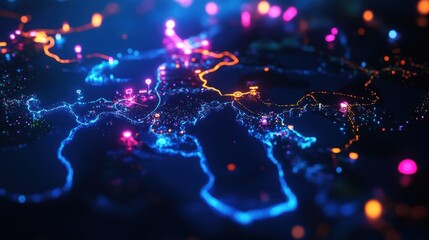 Futuristic glowing world map highlighting international connections, data flow, and global networks in a visually stunning representation of modern communication and information exchange