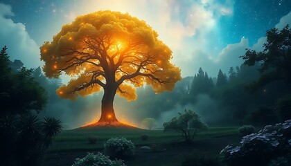 Fototapeta premium Luminous Golden Tree in a Mystical Forest Night