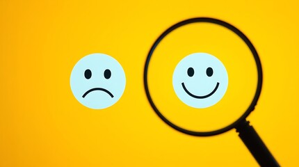 Searching for Positivity – Customer Service Satisfaction Feedback Concept with Magnifying Glass Over Smiley Face