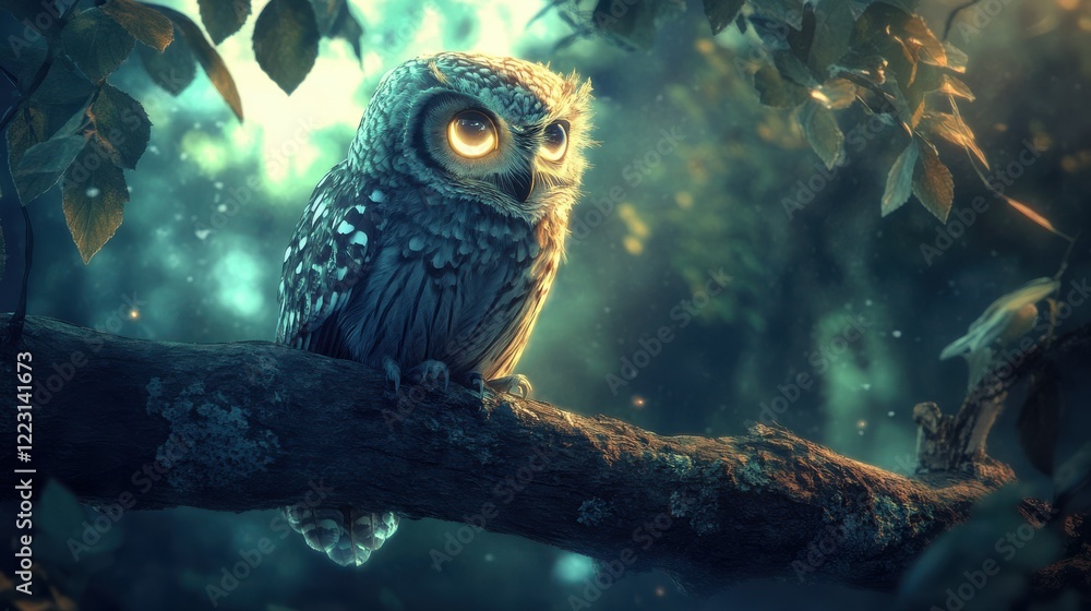 Poster enchanting owl perched on tree branch in mystical forest setting at dusk