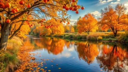 Obraz premium A tranquil orange autumn scene on a river with sunlit trees and ripening fruit along the water's edge , autumn colors, nature photography