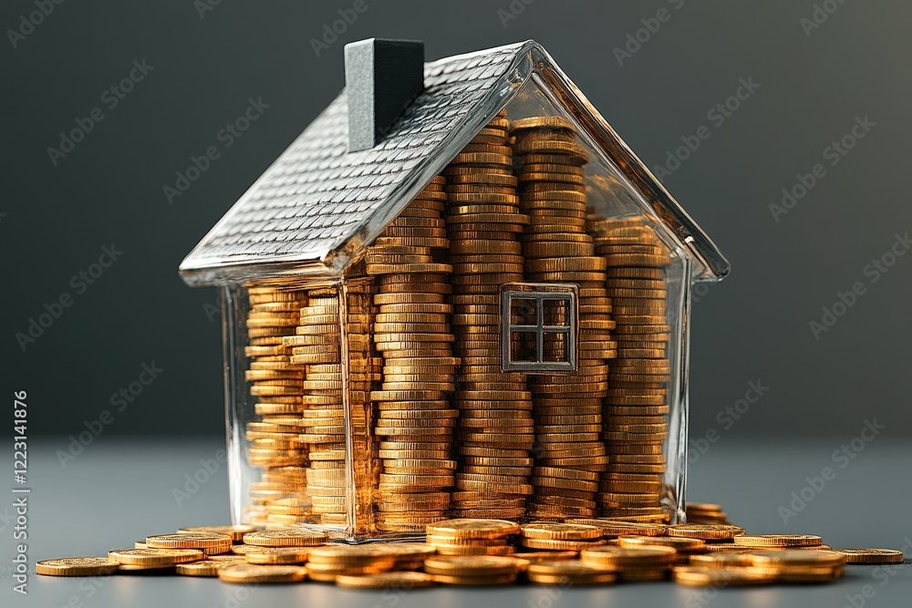 Poster house structure constructed entirely from various coins in a unique artistic design