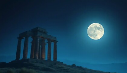 Naklejka premium Ancient Temple Ruins Underneath A Bright Night Moon