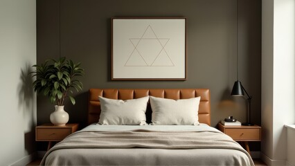 Modern Bedroom Interior Design with Brown Leather Headboard and Geometric Artwork