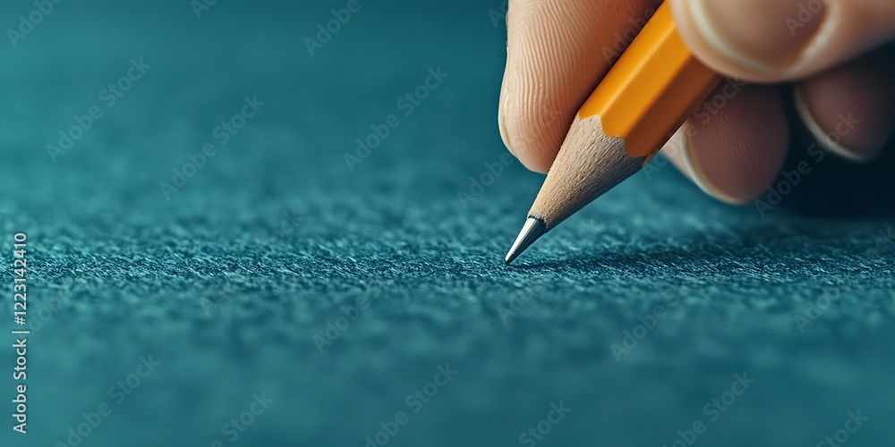 Poster a close-up of a hand holding a sharpened pencil poised to write on a textured surface, emphasizing c