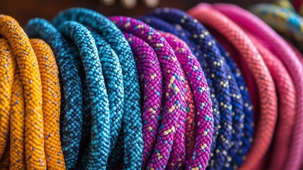 Intricate weaving of vibrant ropes showcases craftsmanship and color diversity in close-up study of textile art