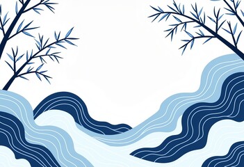 Classic Blue and White Pattern, Chinese Motifs, Clouds, Waves, Bamboo, Plum Blossoms, Minimalist, Simple Geometric, Clean Lines, Elegant, Seamless.
