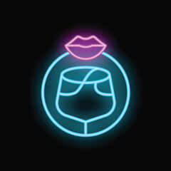 Blue and pink neon sign depicting a wine glass with lips above it, set against a black background