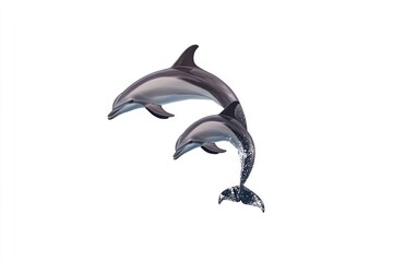 Fototapeta premium Two dolphins leaping gracefully above the water's surface, showcasing their agility and playfulness