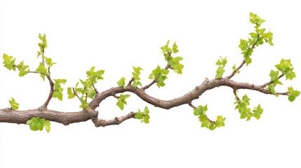 Fototapeta premium Spring Branch with Fresh Green Leaves Isolated on White Background