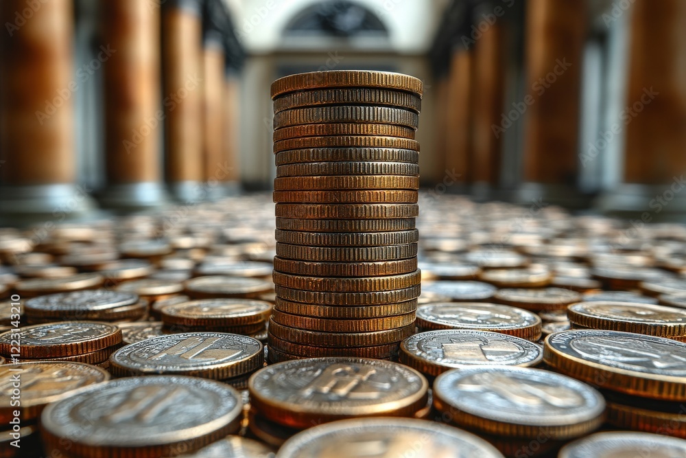 Aufkleber stack of coins arranged neatly on a surface showcasing various denominations and designs for financi