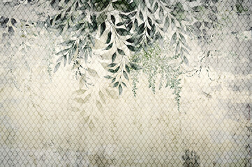 Floral background for wallpaper, watercolor greenery, can be used as poster. Botanical art. Mural. Leaves on marble.	