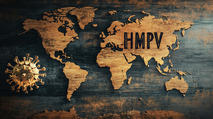 hmpv virus with digital world map visualization, Virus or Viruses Microscopic View of hmpv, showcasing intricate viral details of hmpv virus similiar as covid-19, recently break out hmpv virus.