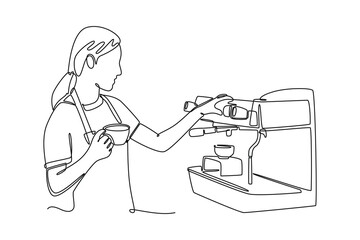 Barista making coffee concept. Single line draw design vector graphic illustration.